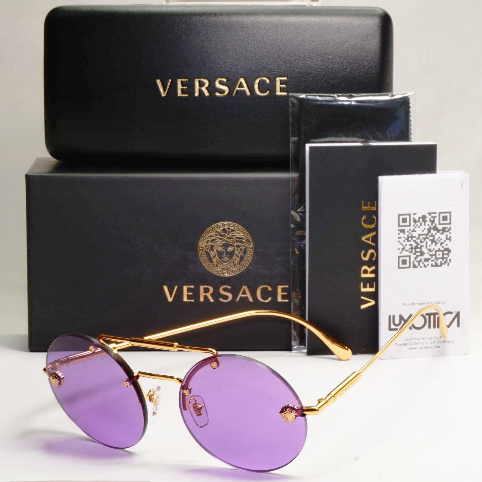 Versace Sunglasses Gold Round Rimless Medusa Violet MOD VE 2244 1002/69 56mm