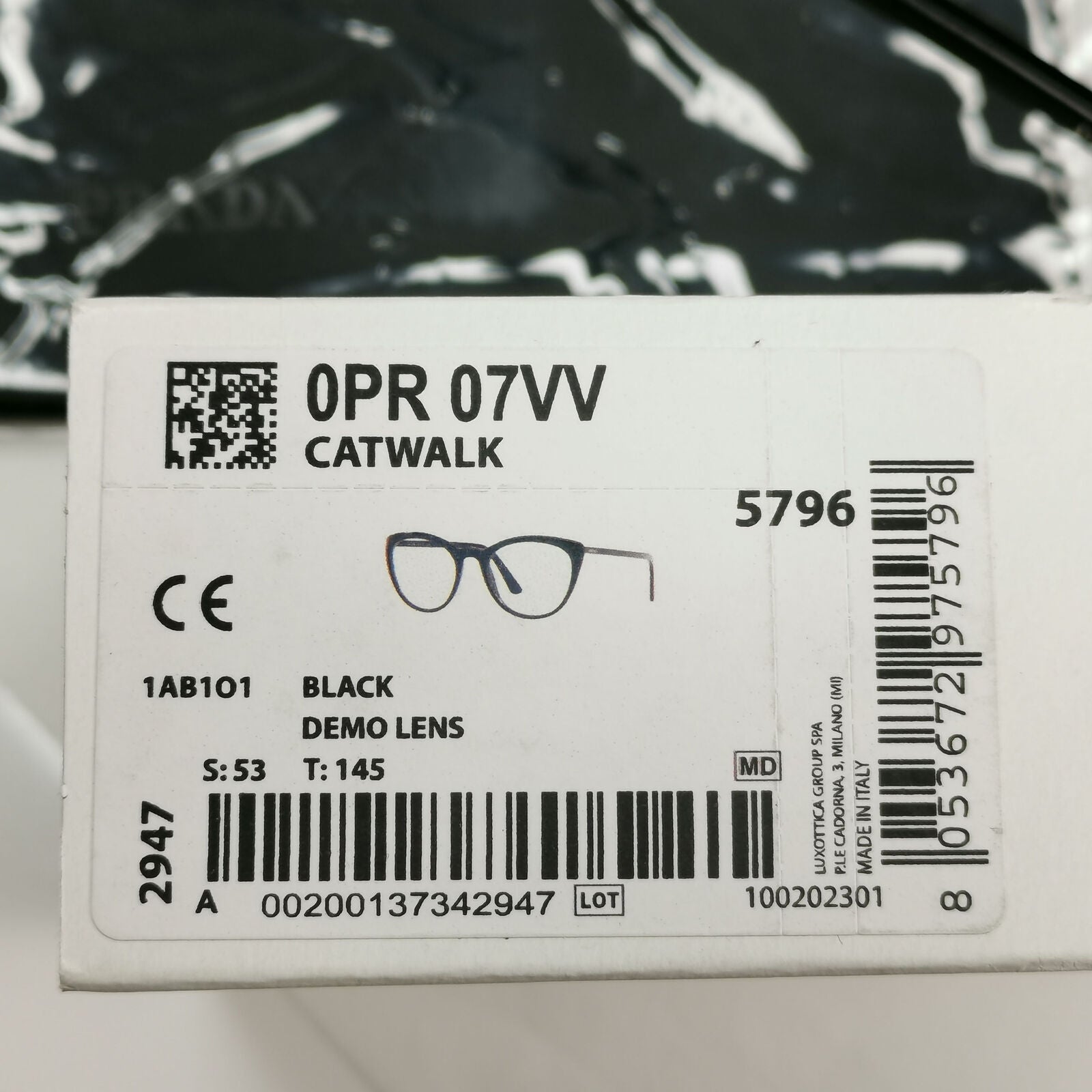 Prada Sunglasses Black Cat Eye Glossy Womens Fashion PR07VV VPR 07V 1AB-1O1 53mm