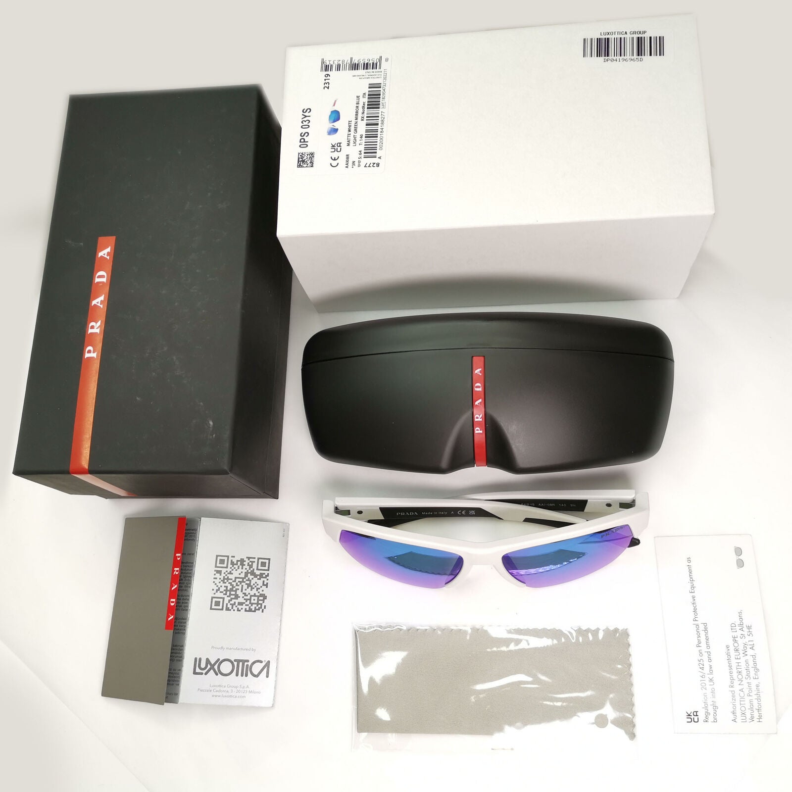 Prada Sunglasses White Blue Mirror Wrap Sport Red Stripe PS03YS SPS 03Y AAI-08R