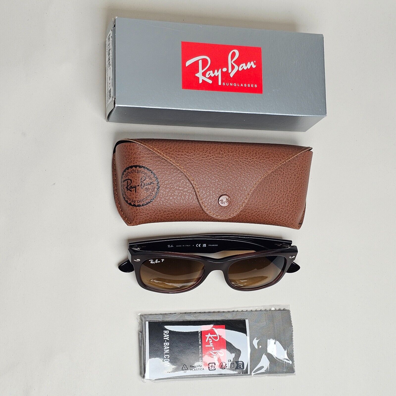 Ray-Ban Sunglasses Polarised New Wayfarer Brown Matte RB 2132 6608/M2 52mm