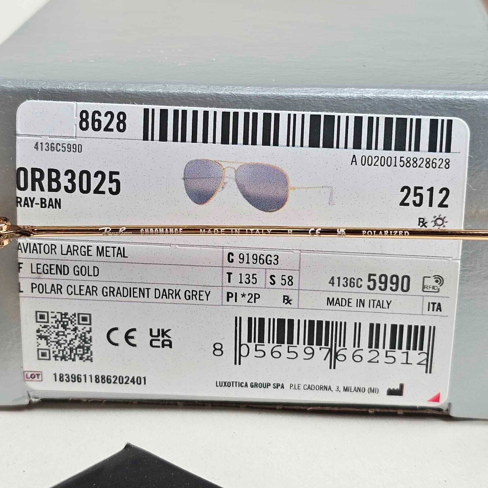 Ray-Ban Sunglasses Aviator Polarised Chromance Gold Silver RB 3025 9196/G3 58mm