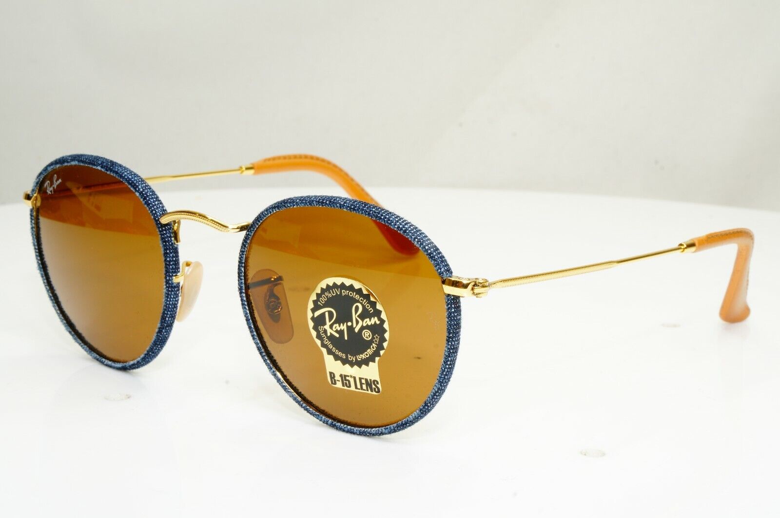 Ray-Ban Round Gold Sunglasses Blue Brown Craft Denim RB 3475-Q 9192/33 30674