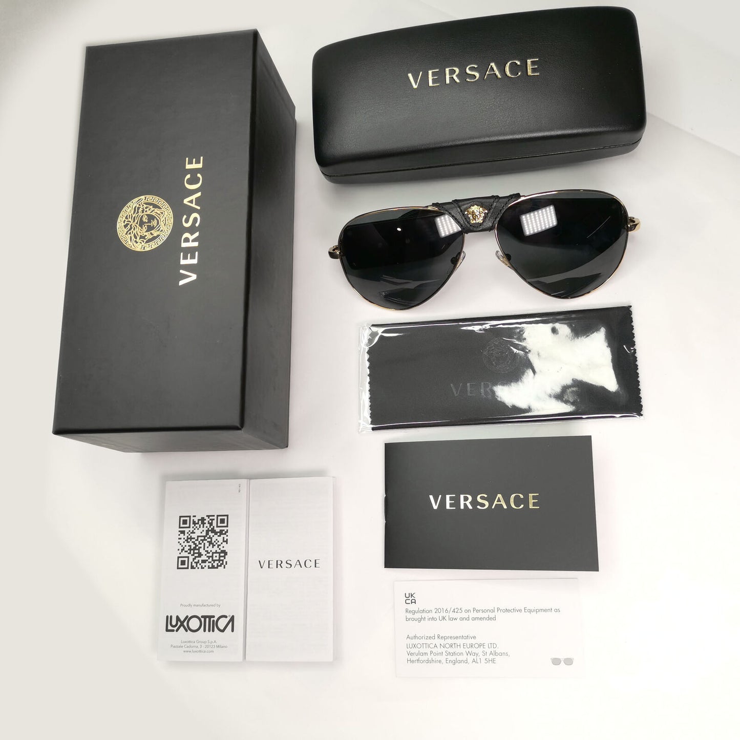 Versace Sunglasses Black Gold Pilot Medusa Leather Ornate MOD VE 2150-Q 1002/87