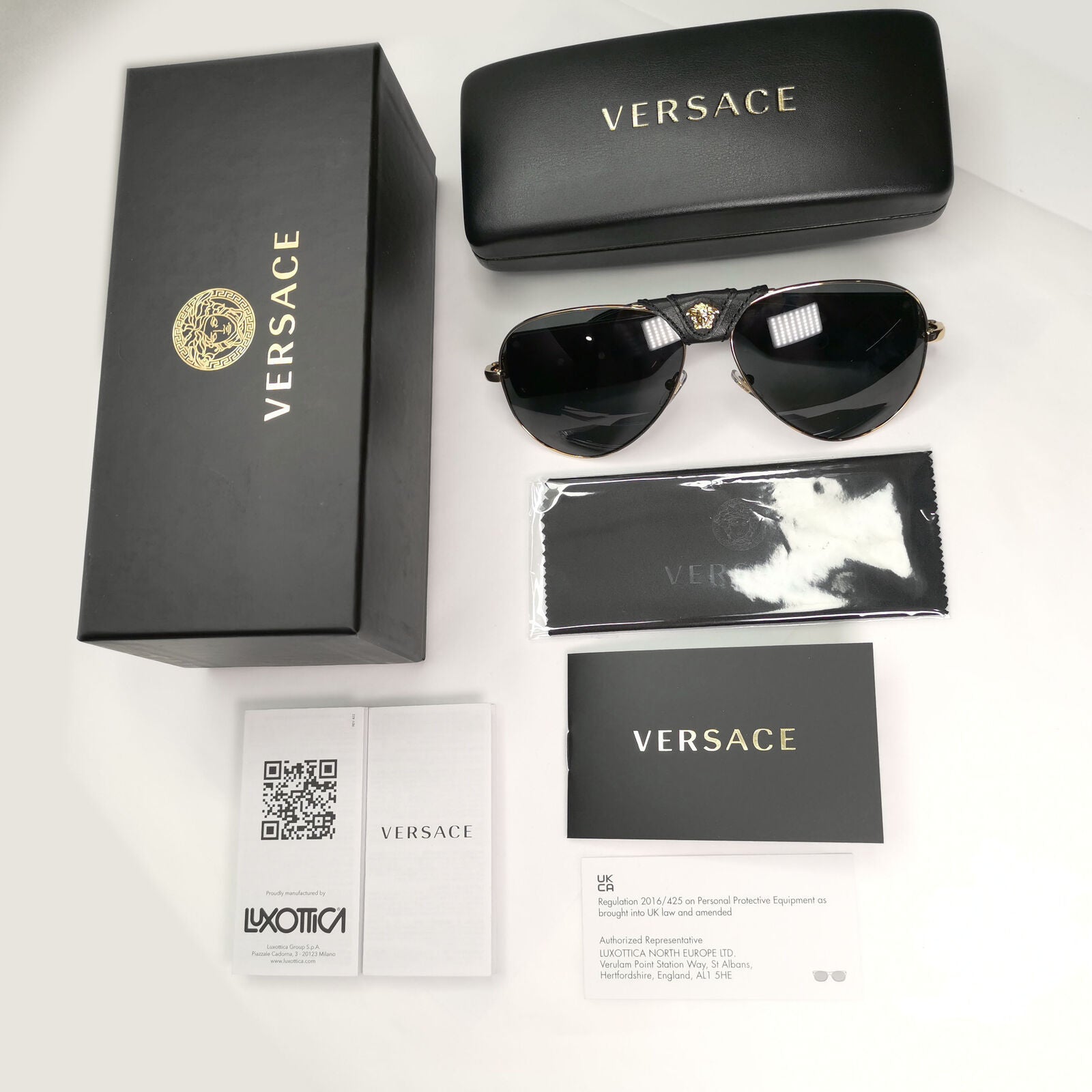 Versace Sunglasses Black Gold Pilot Medusa Leather Ornate MOD VE 2150-Q 1002/87