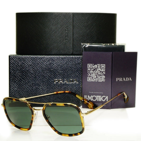 Prada Gold Brown Green Tortoise Sunglasses Pilot Square Metal SPR 57X 02A-728