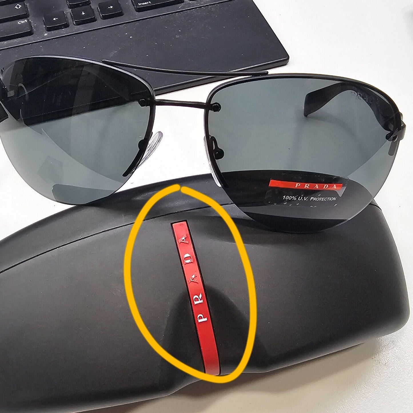 Prada Mens Sunglasses Black Pilot SPS 56M 1BO-1A1 Rossa Red Stripe [D] 38997