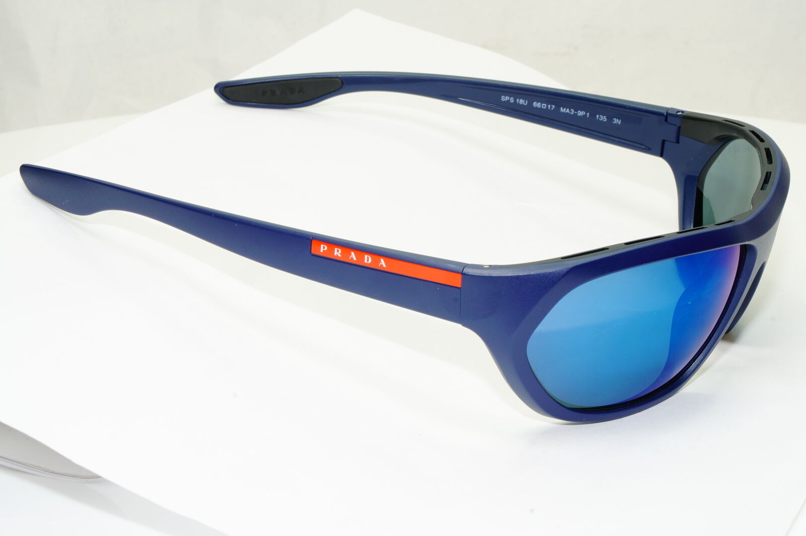 Authentic Prada Mens Blue Navy Mirrored Sunglasses Wrap SPS 18U MA3-9P1