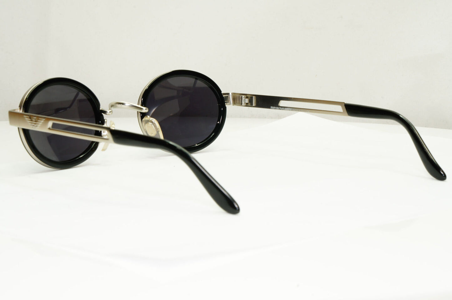 Emporio Armani Sunglasses 1997 Vintage Black Silver Oval Eagle 057-S 986