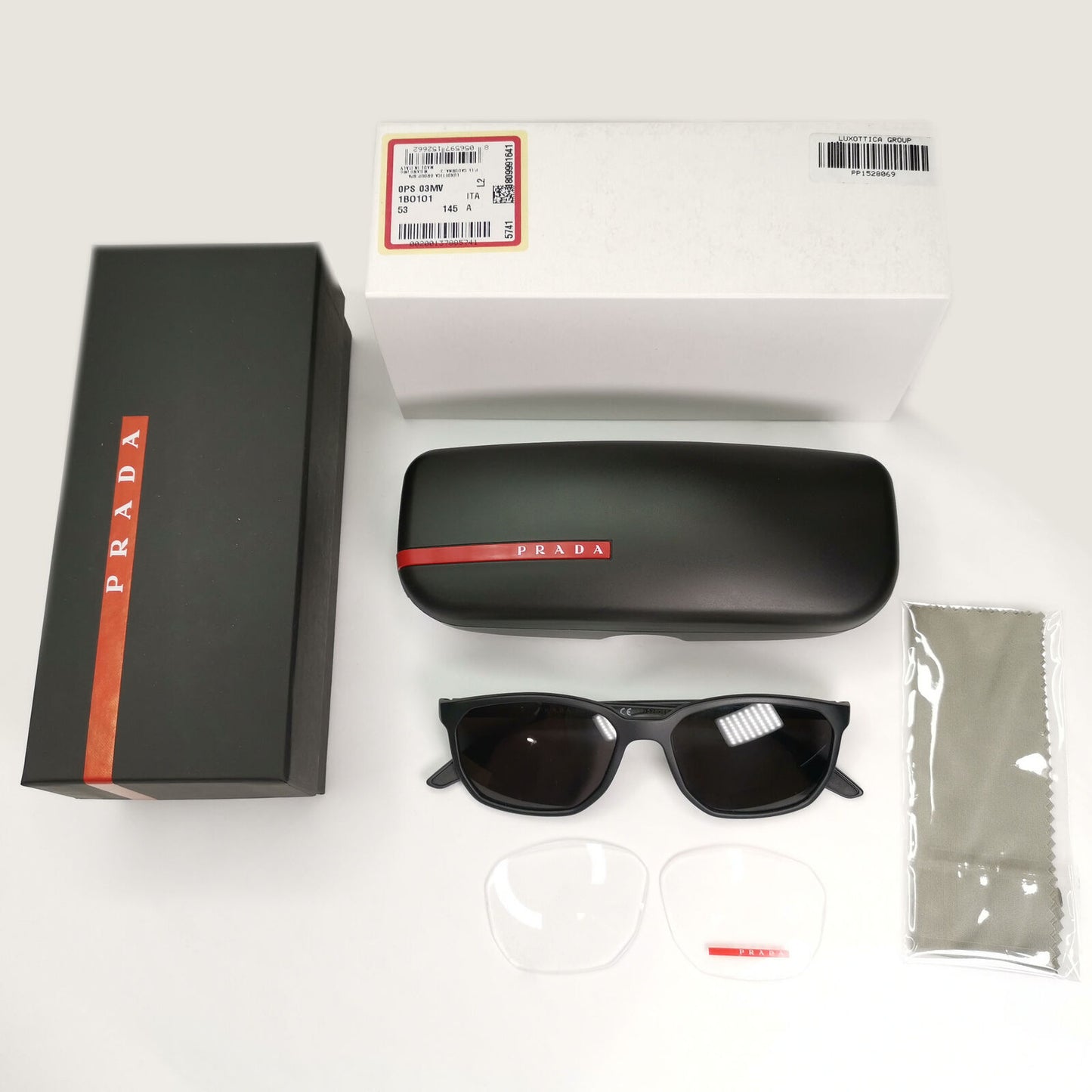 Prada Sunglasses Black Matte Square Red Stripe PS03MV VPS 03M 1BO-1O1 53mm