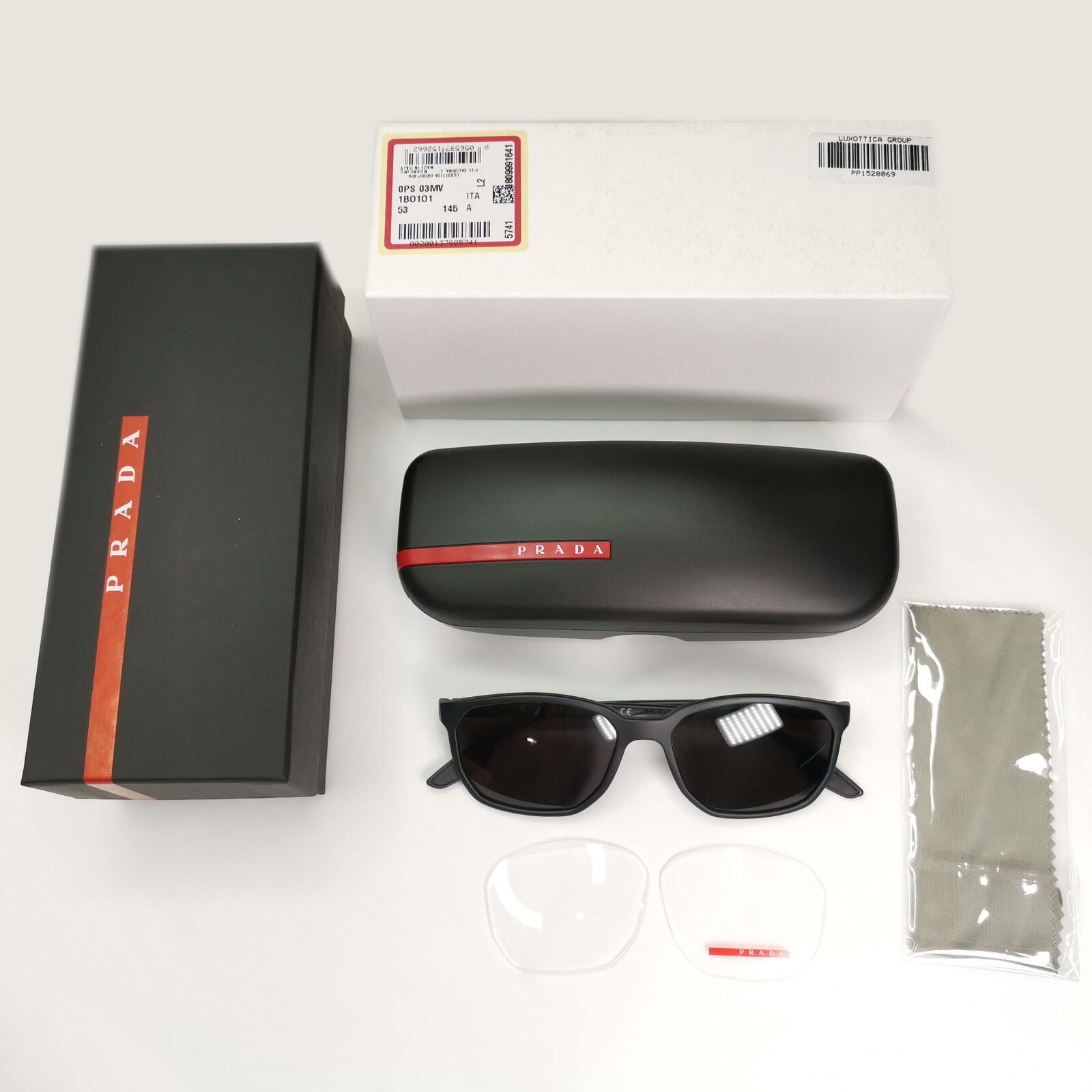 Prada Sunglasses Black Matte Square Red Stripe PS03MV VPS 03M 1BO-1O1 53mm