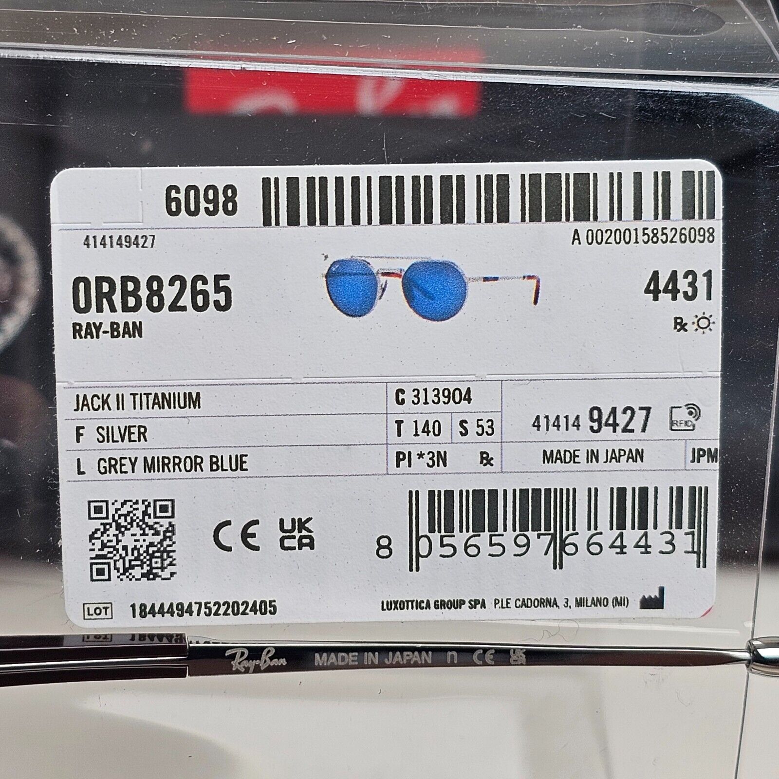 Ray-Ban Sunglasses Jack II Titanium Mirror Blue Silver Grey RB 8265 3139/O4 53mm