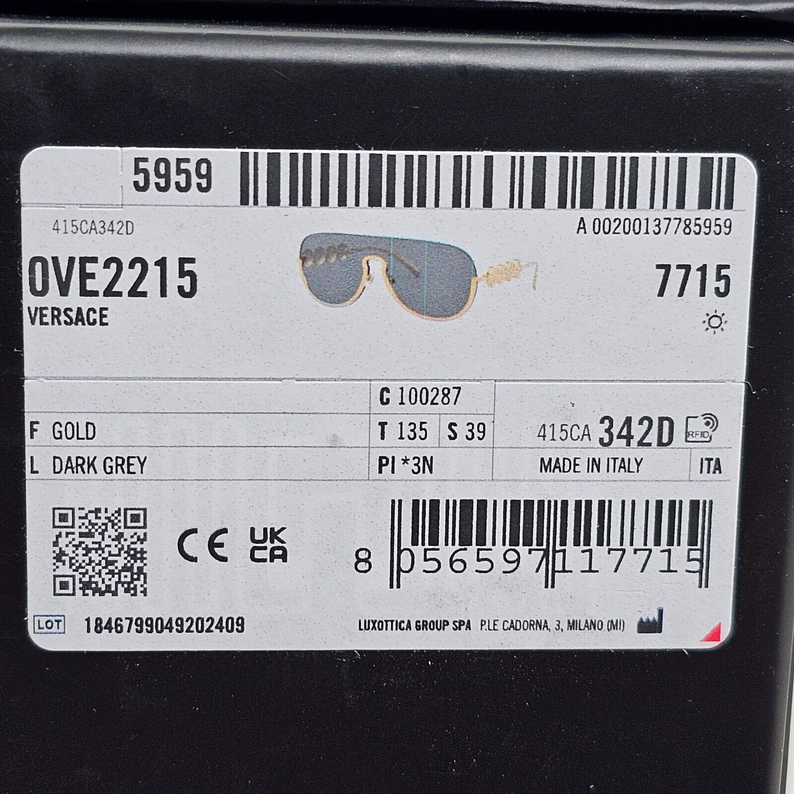 Versace Sunglasses Gold Medusa Visor Shield Shiny Dark Grey MOD VE 2215 1002/87