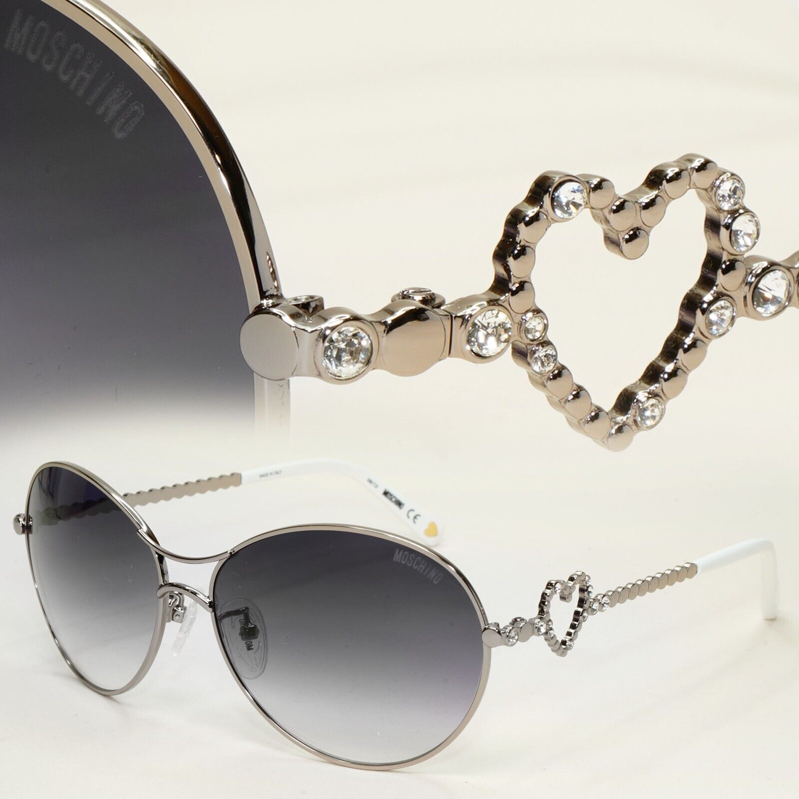 Moschino Sunglasses 2005 Vintage Gunmetal Grey Heart Crystal MO574 01 101124