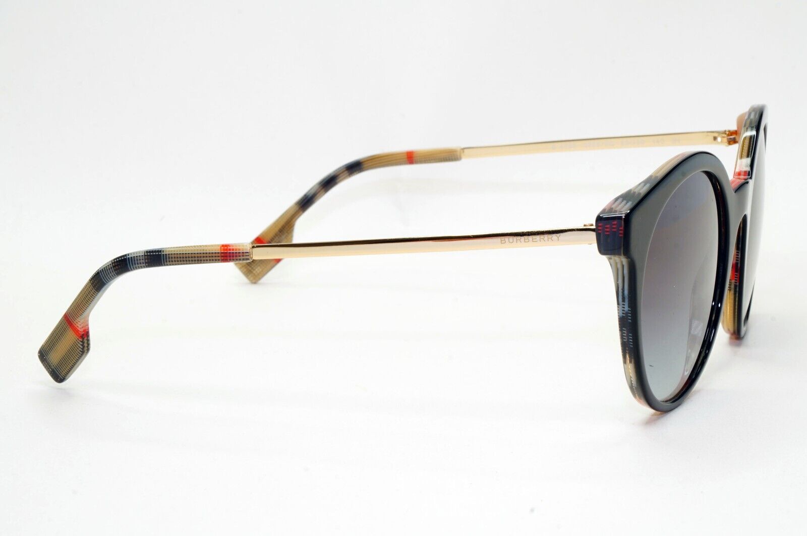 Burberry Sunglasses Black Gold Grey Gradient Round Plaid Check BE 4296 3806/8G