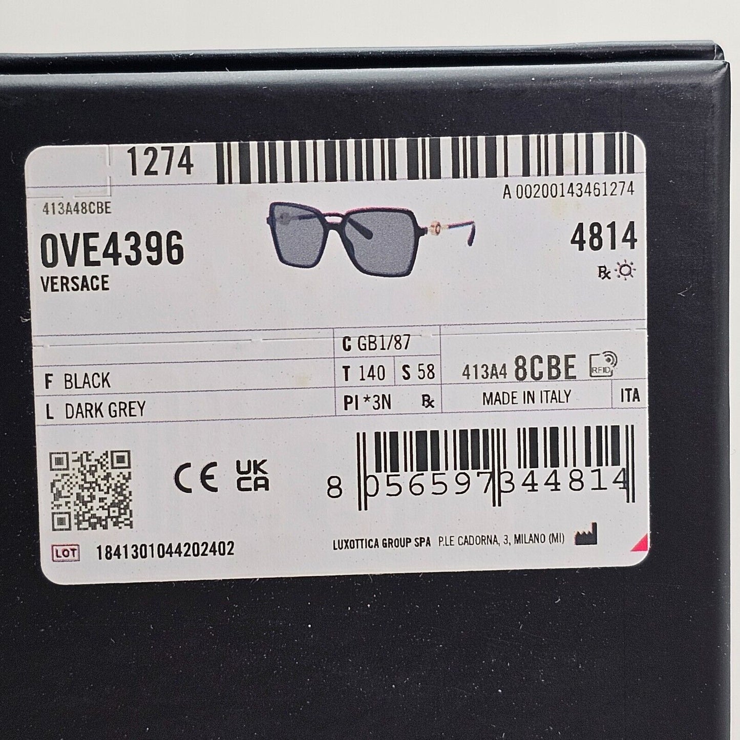 Versace Sunglasses Black Gold Medusa Square Dark Grey MOD VE 4396 GB1/87 58mm
