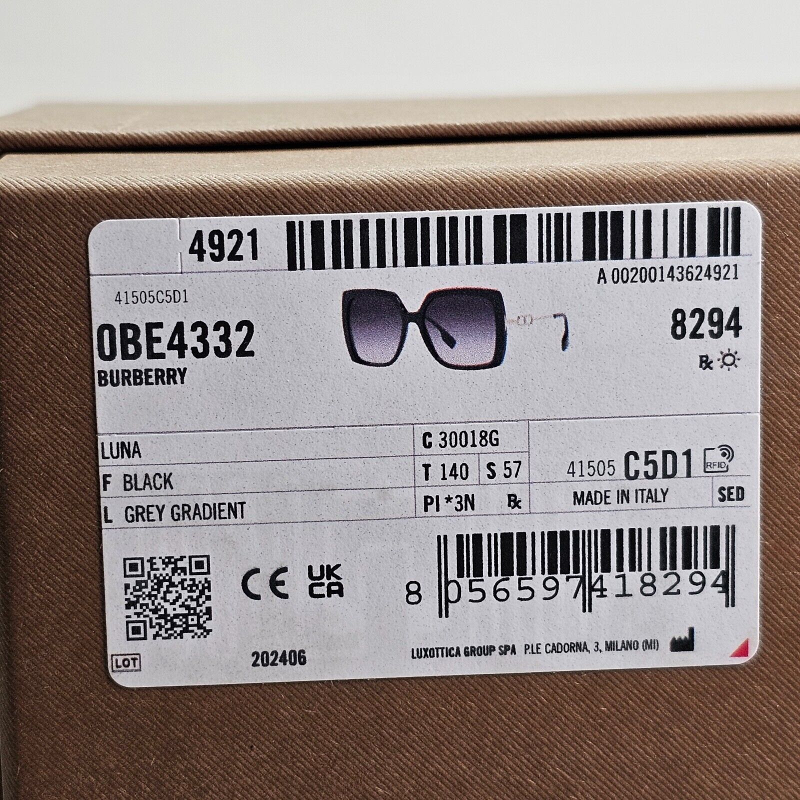 Burberry Sunglasses Luna Black Square Grey Gradient BE 4332 3001/8G 57mm