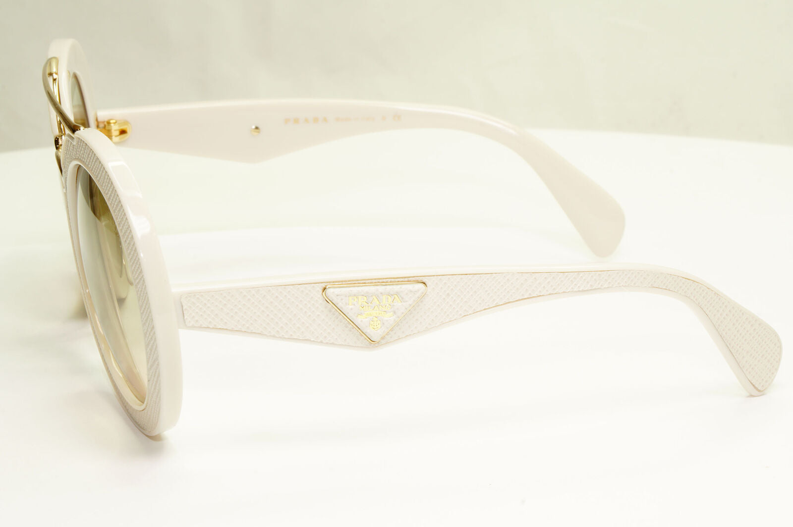 Prada White Ivory Ornate Sunglasses Leather Triangle Gold PR15SS SPR 15S UFP-3H2
