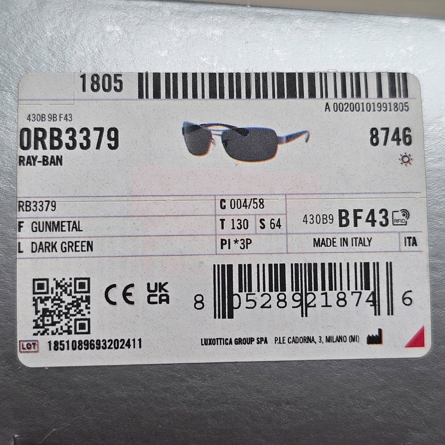 Ray-Ban Sunglasses Polarized Dark Green Gunmetal Wrap Navigator RB 3379 004/58