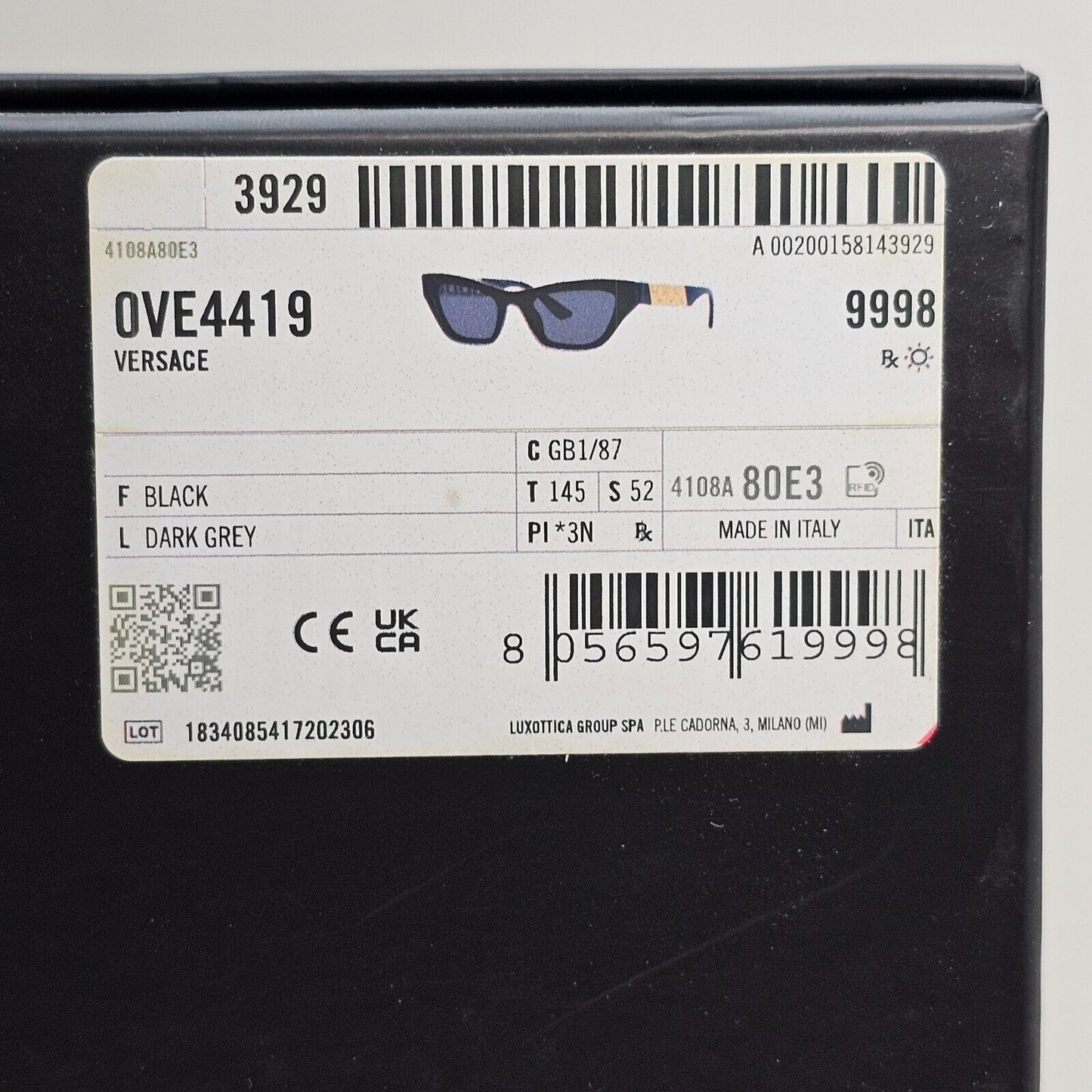Versace Sunglasses Black Gold Greca Meander Rectangle MOD VE 4419 GB1/87 52mm