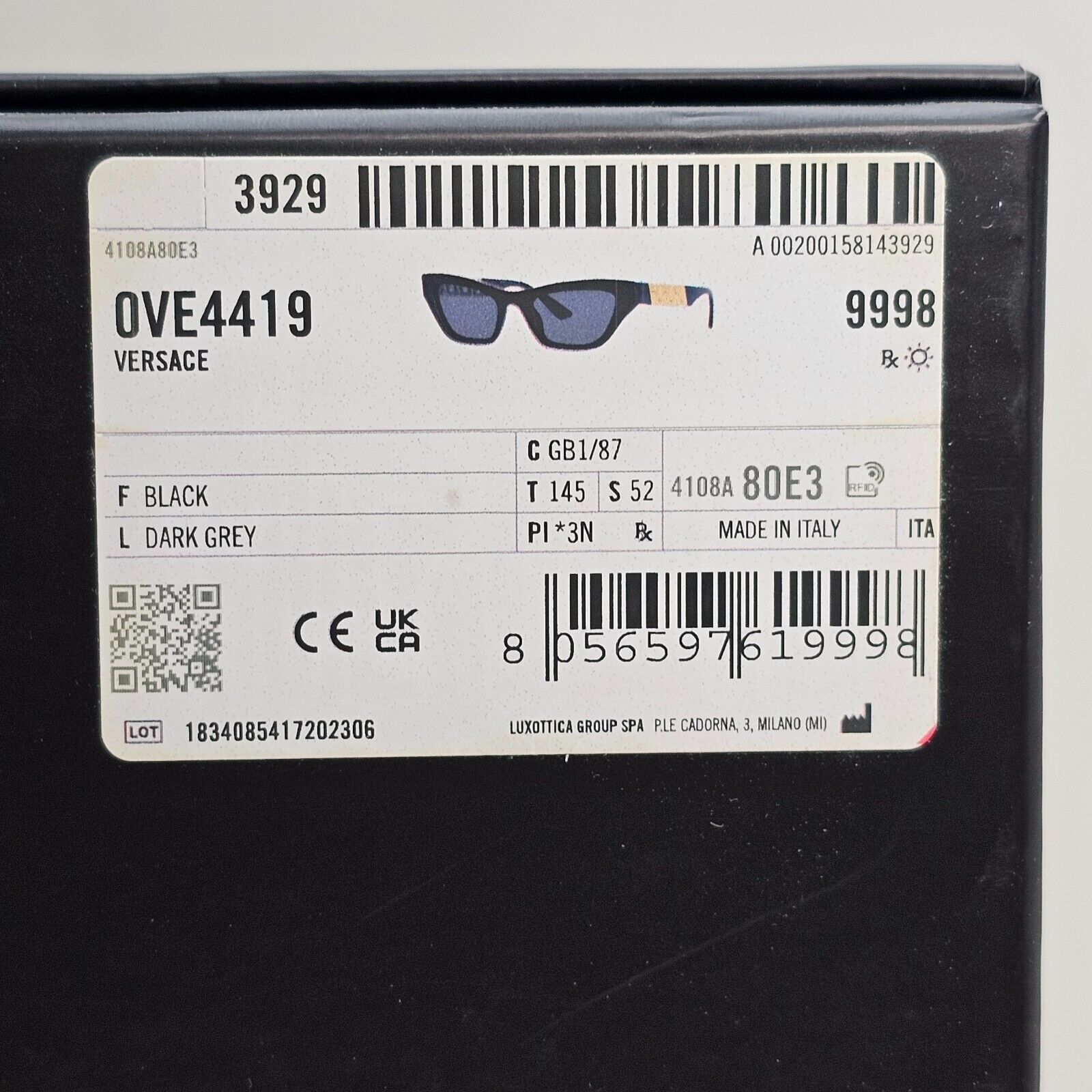 Versace Sunglasses Black Gold Greca Meander Rectangle MOD VE 4419 GB1/87 52mm