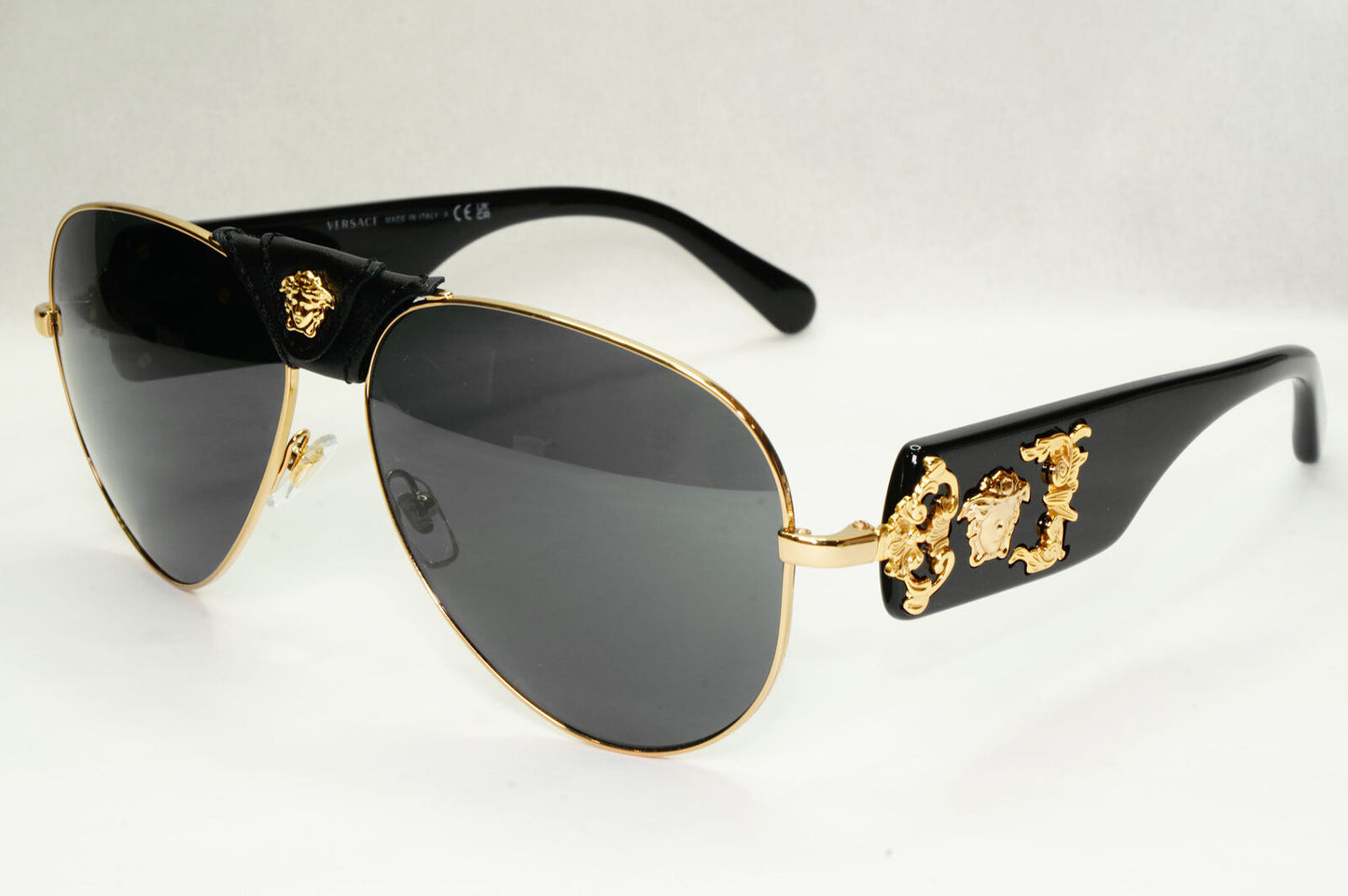 Versace Sunglasses Black Gold Pilot Medusa Leather Ornate MOD VE 2150-Q 1002/87