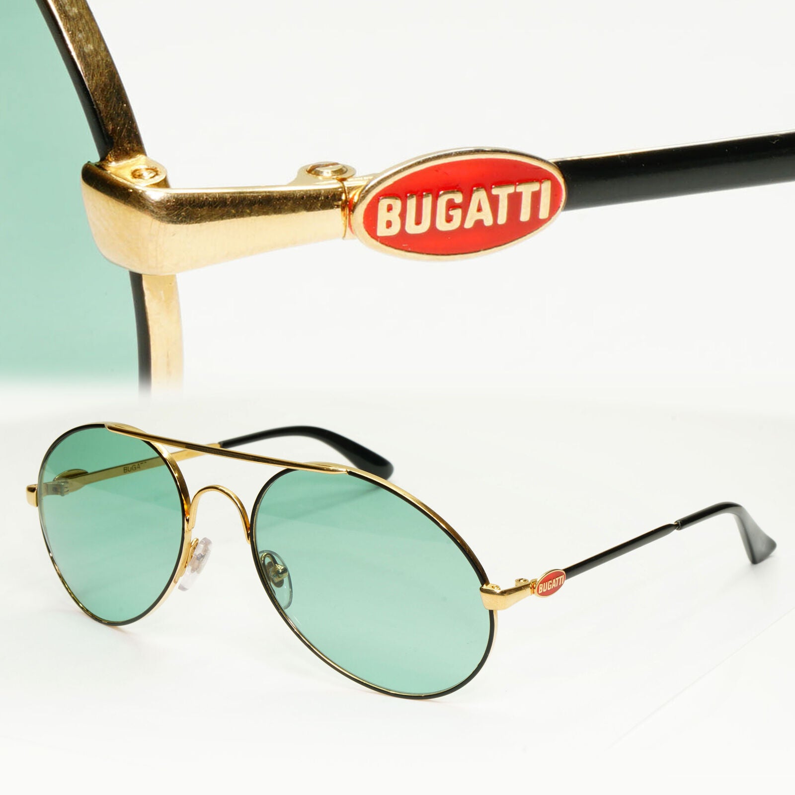 Bugatti 1980s France Sunglasses Vintage Pilot Gold Black Red Green Metal 261022