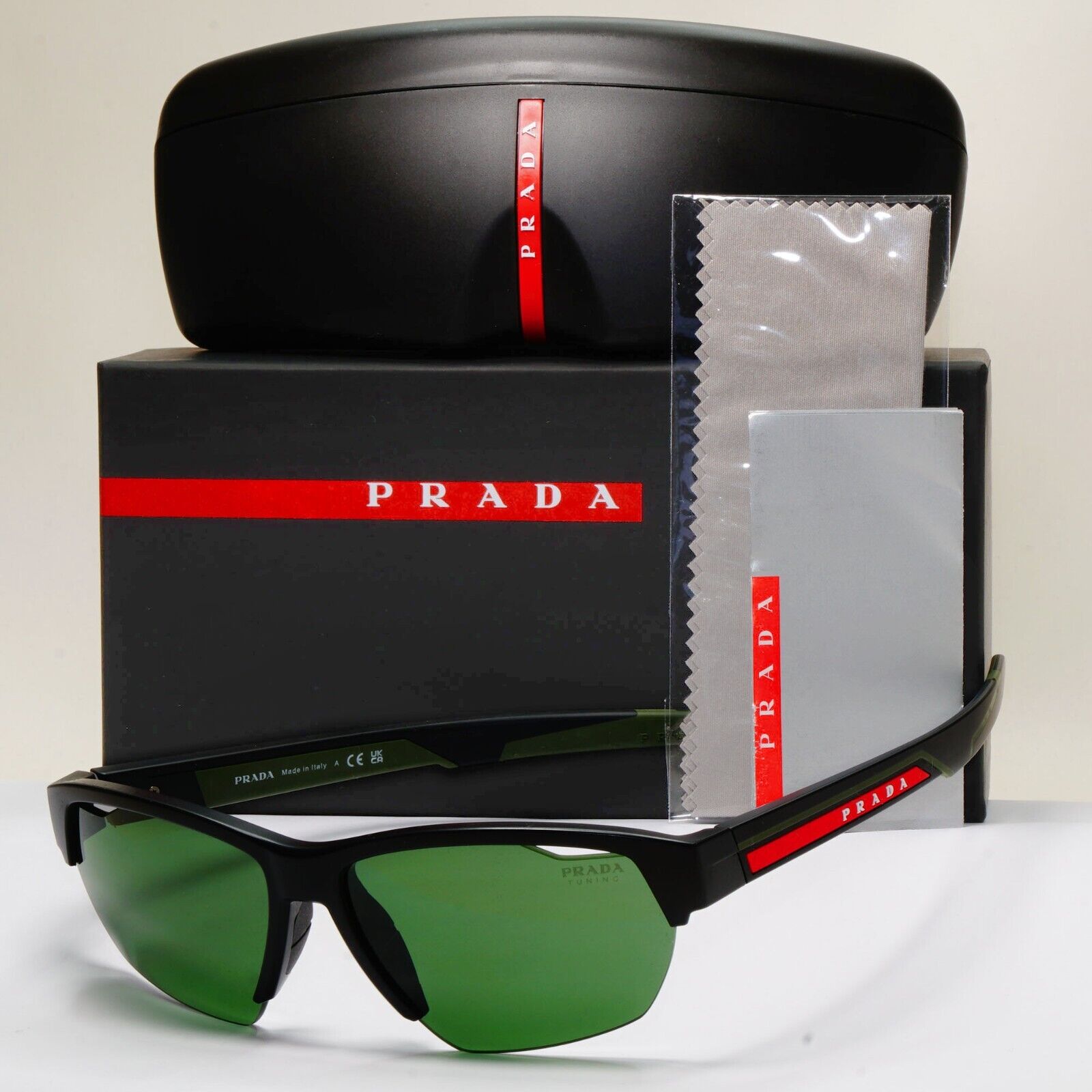 Prada Sunglasses Black Matte Wrap Red Stripe Green Tuning PS03YS SPS 03Y 18G-06U