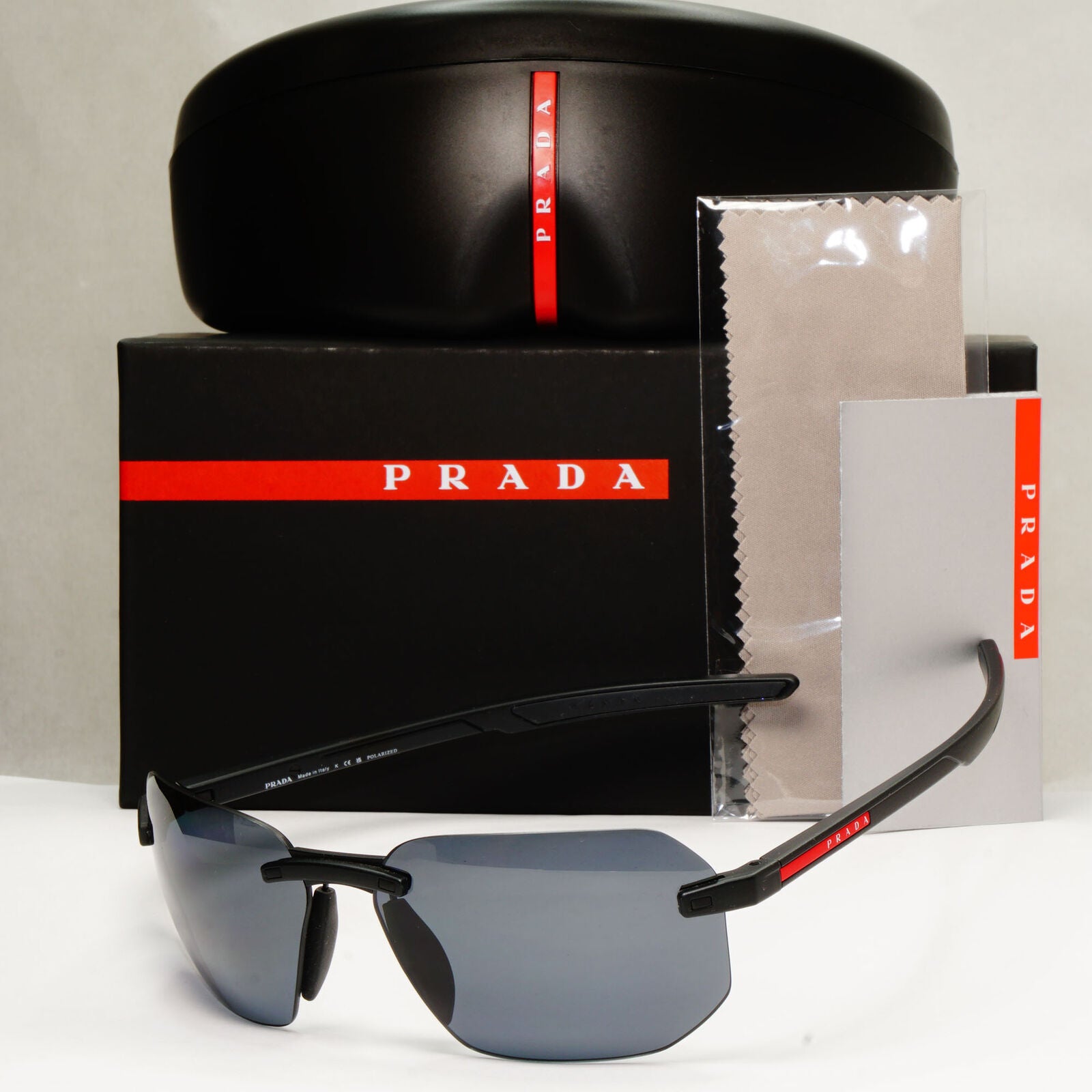 Prada Sunglasses Polarized Wrap Rimless Black PS09WS SPS 09W DG0-02G 62mm