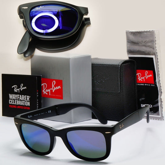 Ray-Ban Sunglasses Folding Wayfarer Black Matte Purple Mirror RB 4105 601-S/1M