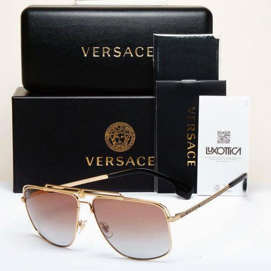 Versace Sunglasses Gold Brown Grey Navigator Pilot MOD VE 2242 1002/89 61mm