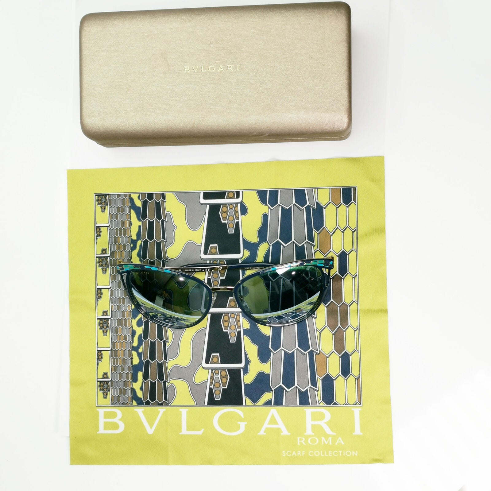 Bvlgari Mirror Gold Blue Sunglasses Square Green Scales BV 6083 2020/6J 050822