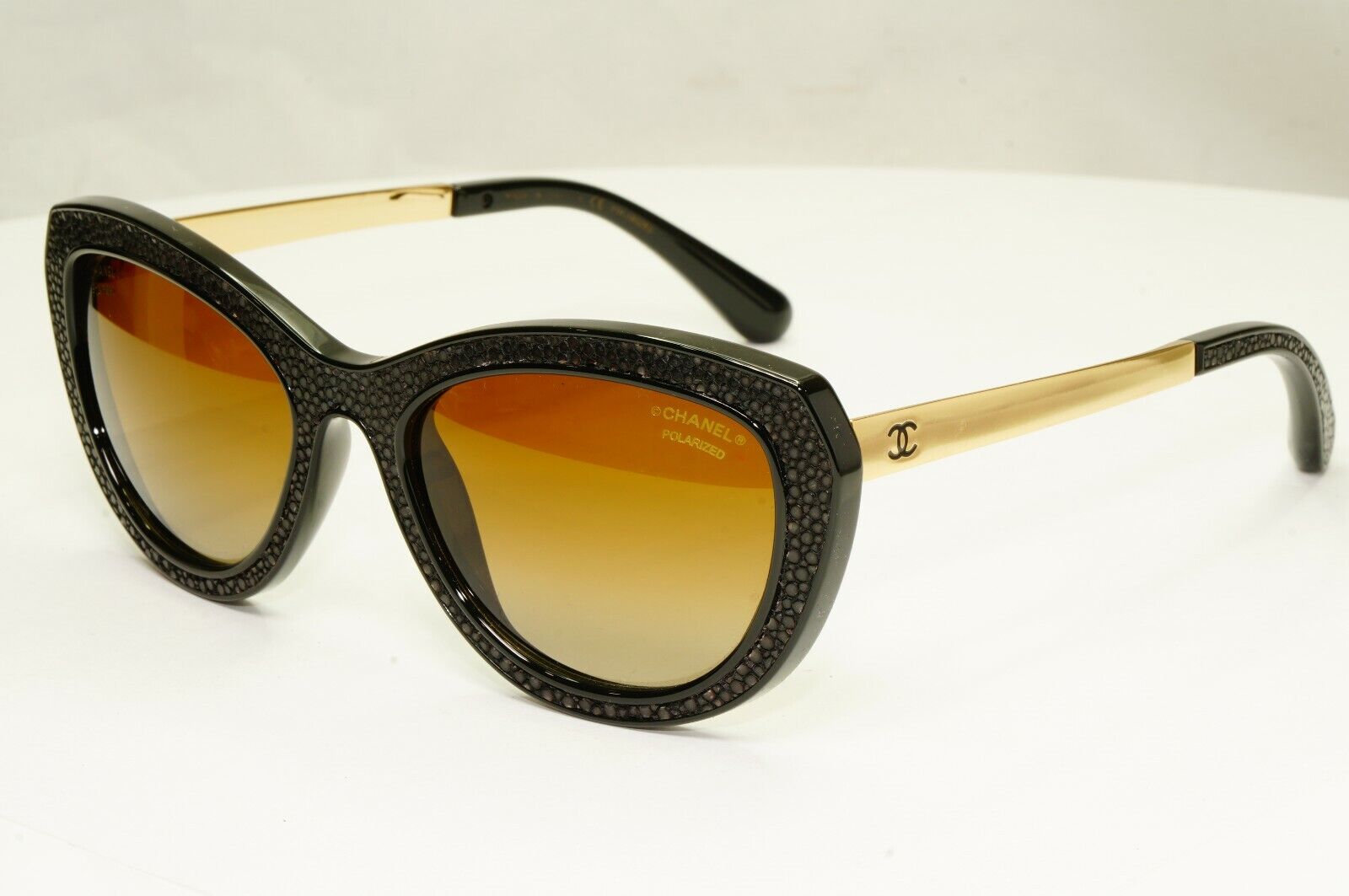 Chanel Stingray Leather Sunglasses Polarized Black Gold Brown 6046-Q 622/S9