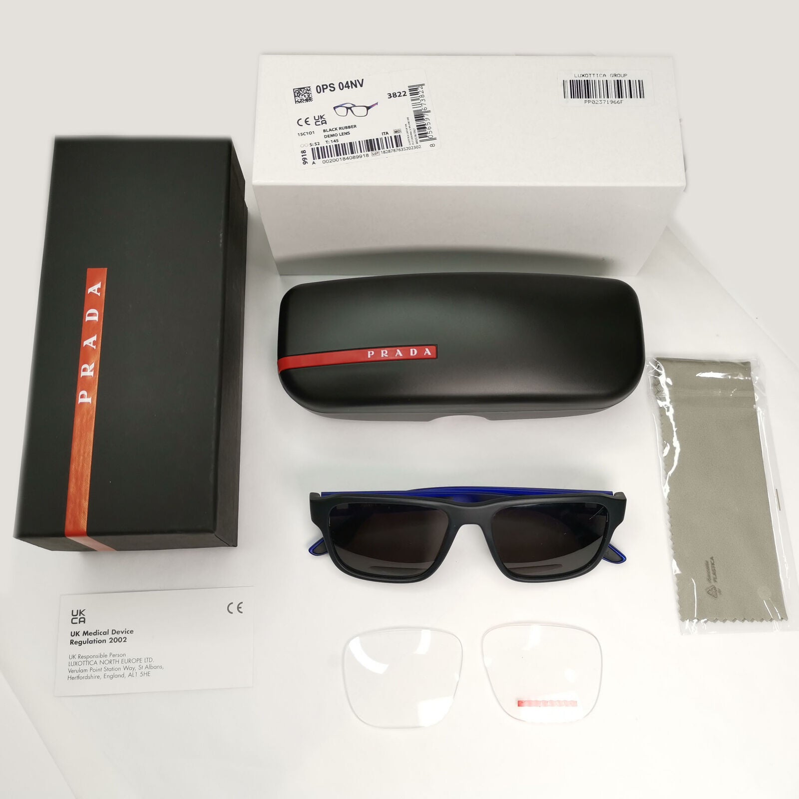 Prada Sunglasses Black Blue Rubber Square Red Stripe PS04NV VPS 04N 15C-1O1 52mm