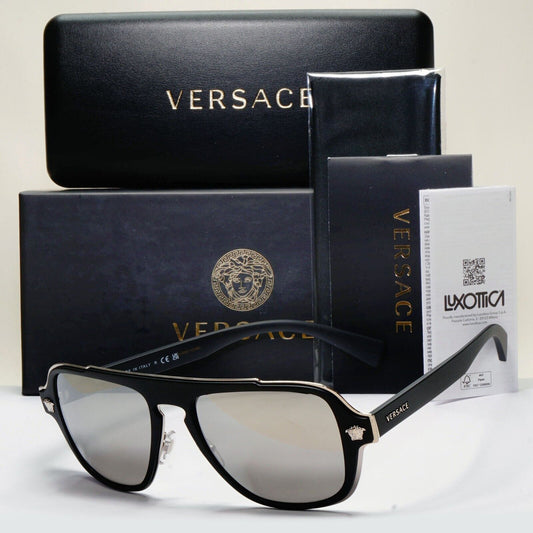 Versace Sunglasses Black Silver Medusa Mirror Square Matte MOD VE 2199 1000/6G