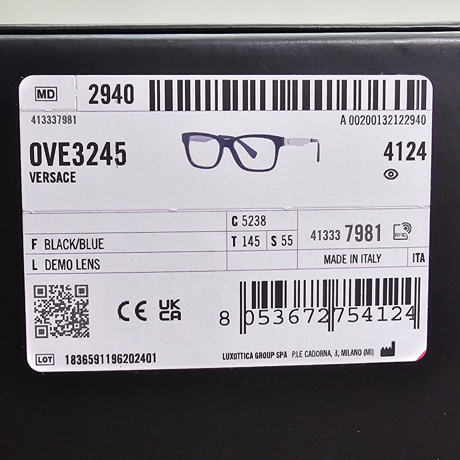 Versace Sunglasses Black Silver Blue Square Rectangle MOD VE 3245 5238 55mm
