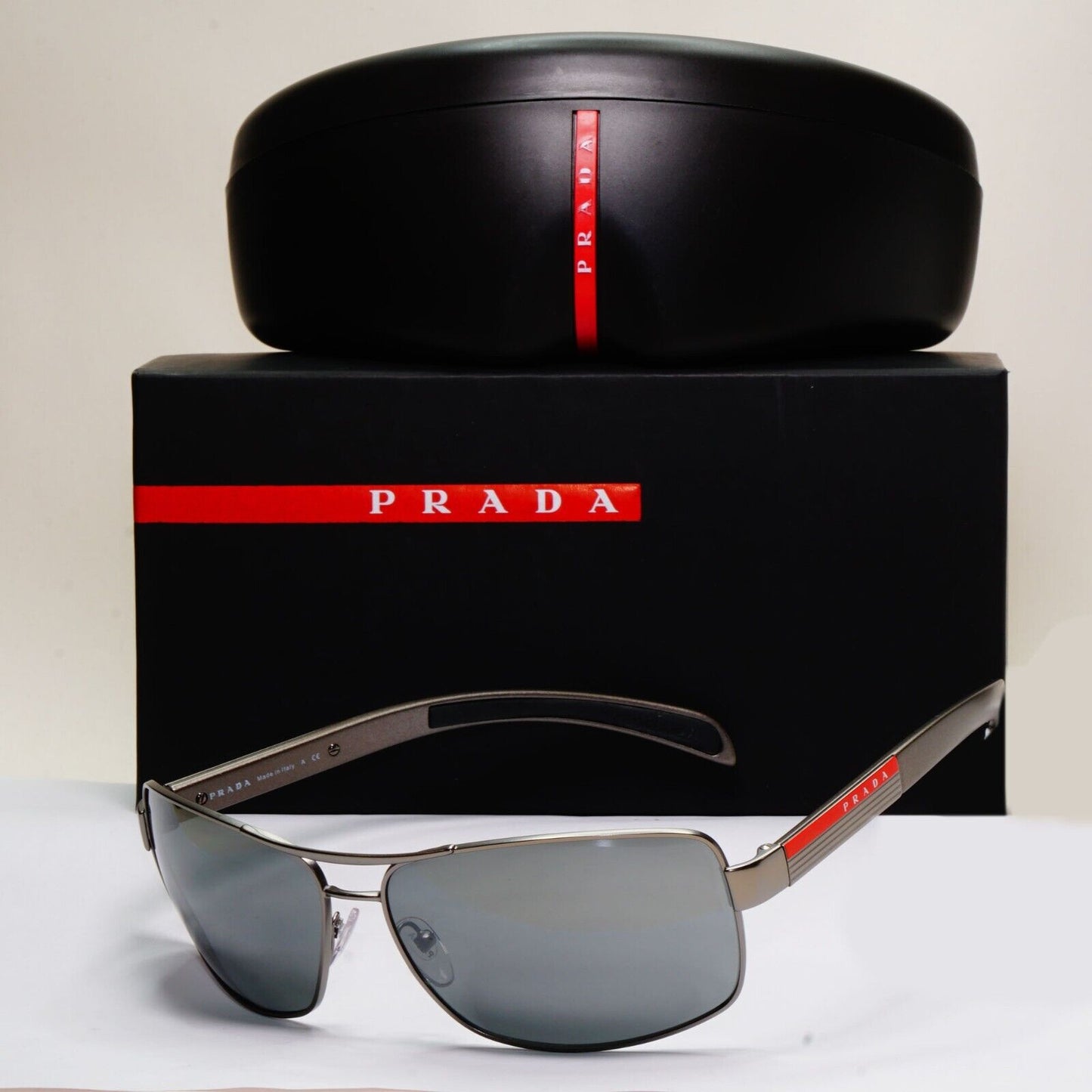 Prada Sunglasses Silver Grey Mirror Navigator Wrap PS54IS SPS 54I 7CQ-7W1 260724