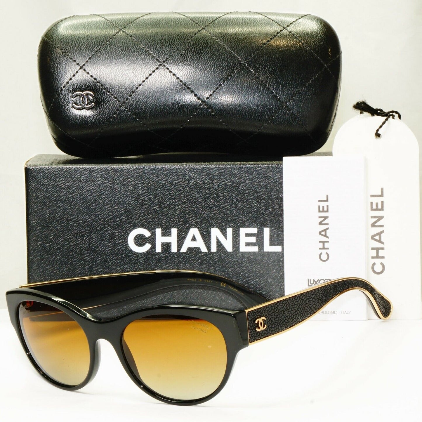 Chanel Polarized Stingray Leather Sunglasses Black Gold Womens 5273 622/S0 26743