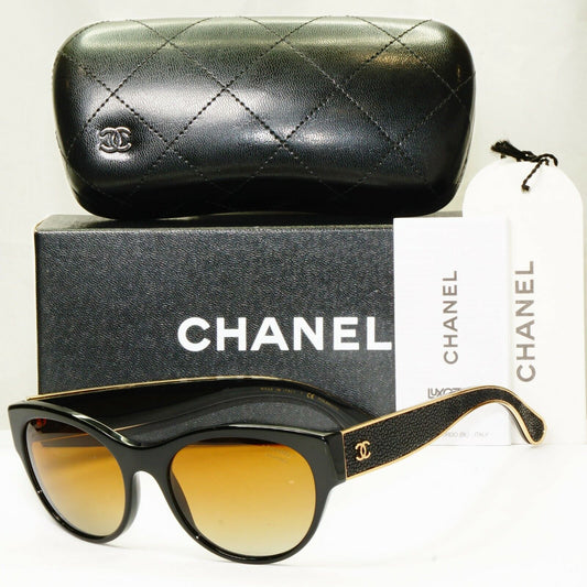 Chanel Polarized Stingray Leather Sunglasses Black Gold Womens 5273 622/S0 26743