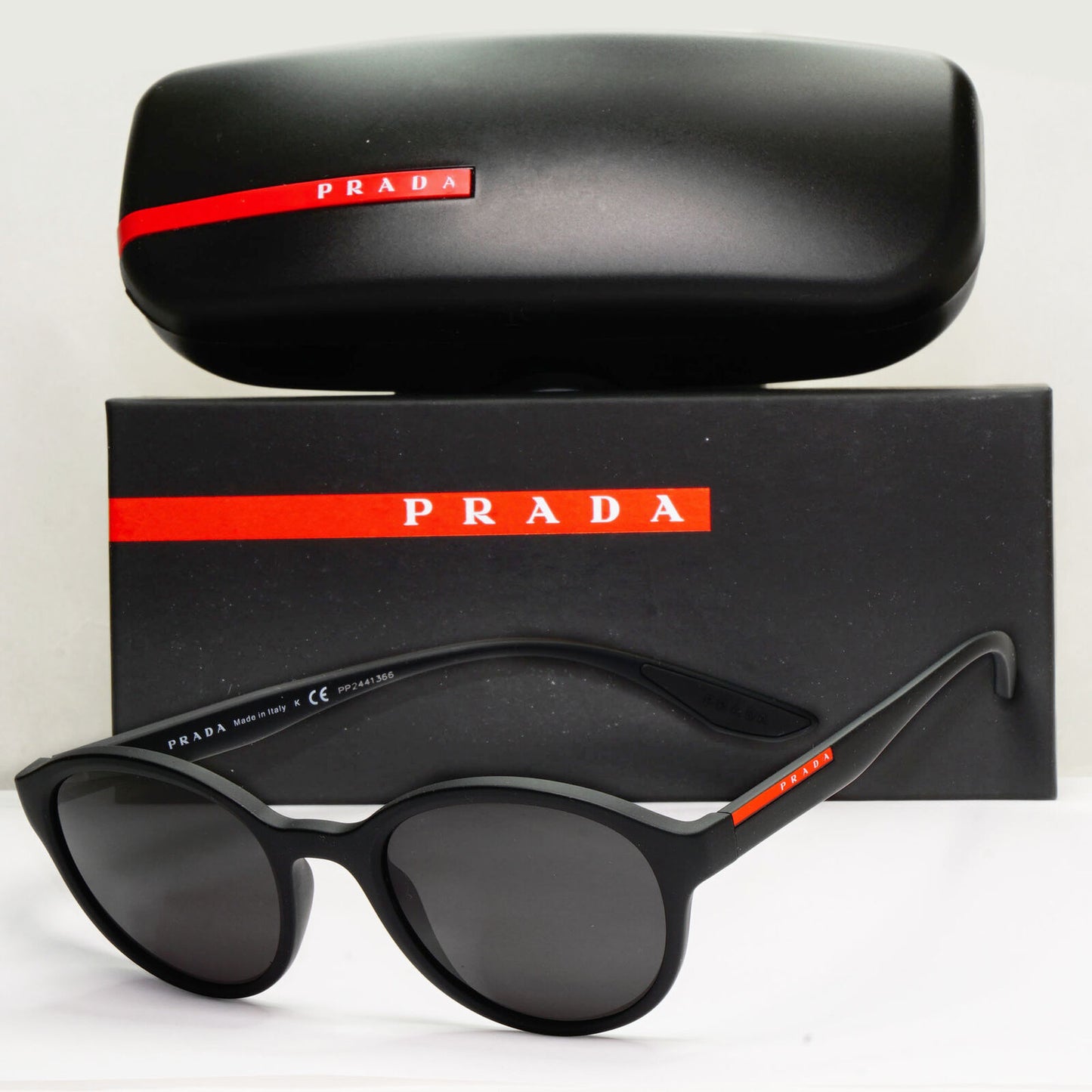 Prada Sunglasses Black Round Matte Rubber Red Stripe PS01NV VPS 01N DG0-1O1 50mm