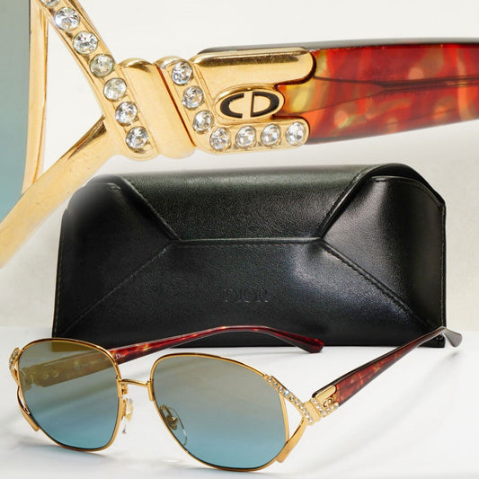 Dior Sunglasses 1990s Austria Gold Diamante Crystal Blue Mirror 2619 44 180324