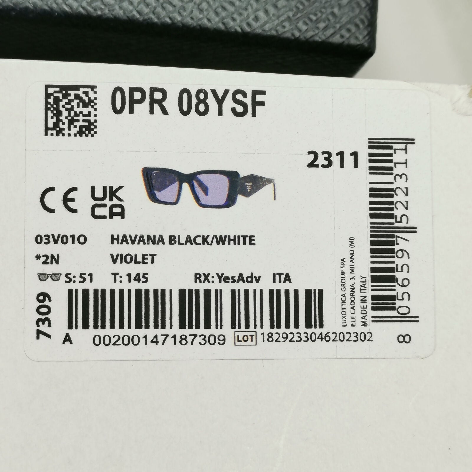 Prada Symbole Sunglasses Black White Marble Violet PR08YS SPR 08YF 03V01O