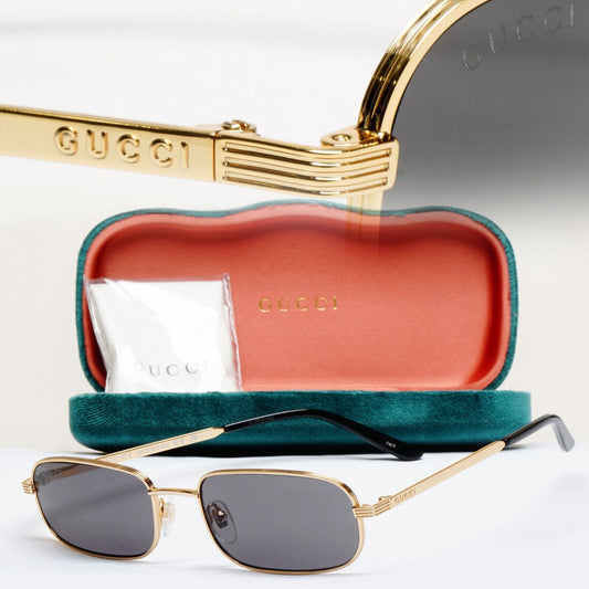 Gucci Sunglasses 2023 Gold Black Rectangle Metal Slim GG1457S 001 57mm 170125