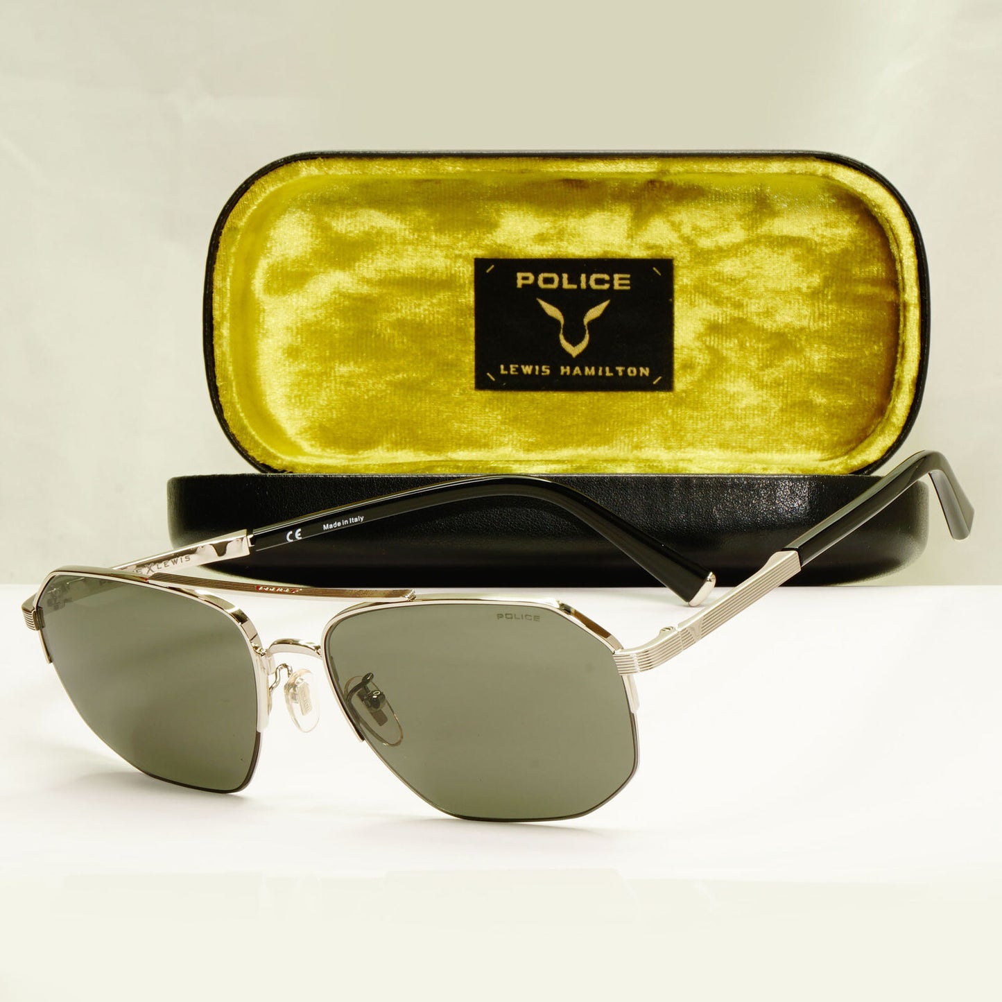 Police Lewis Hamilton F1 Sunglasses Silver Black Green Pilot 04 SPL A25 COL 0579