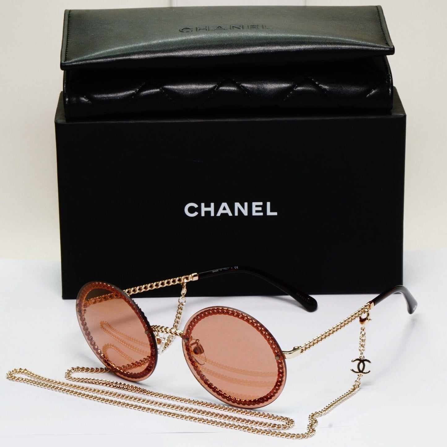 Chanel Sunglasses Chain Gold Brown Round Rimless 4245 c.395/3 311024