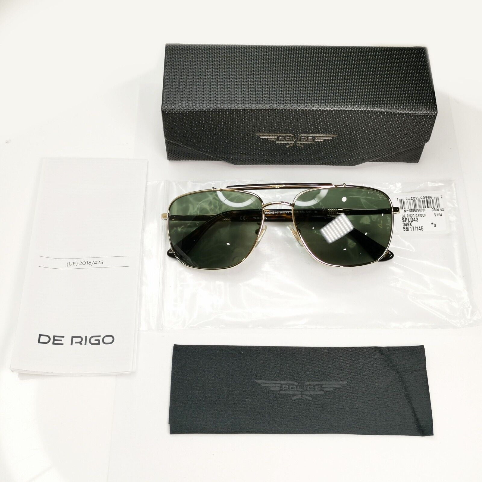 Police Gold Green Sunglasses Pilot Brow Bar Origins 44 SPL D43 COL 349K 58mm