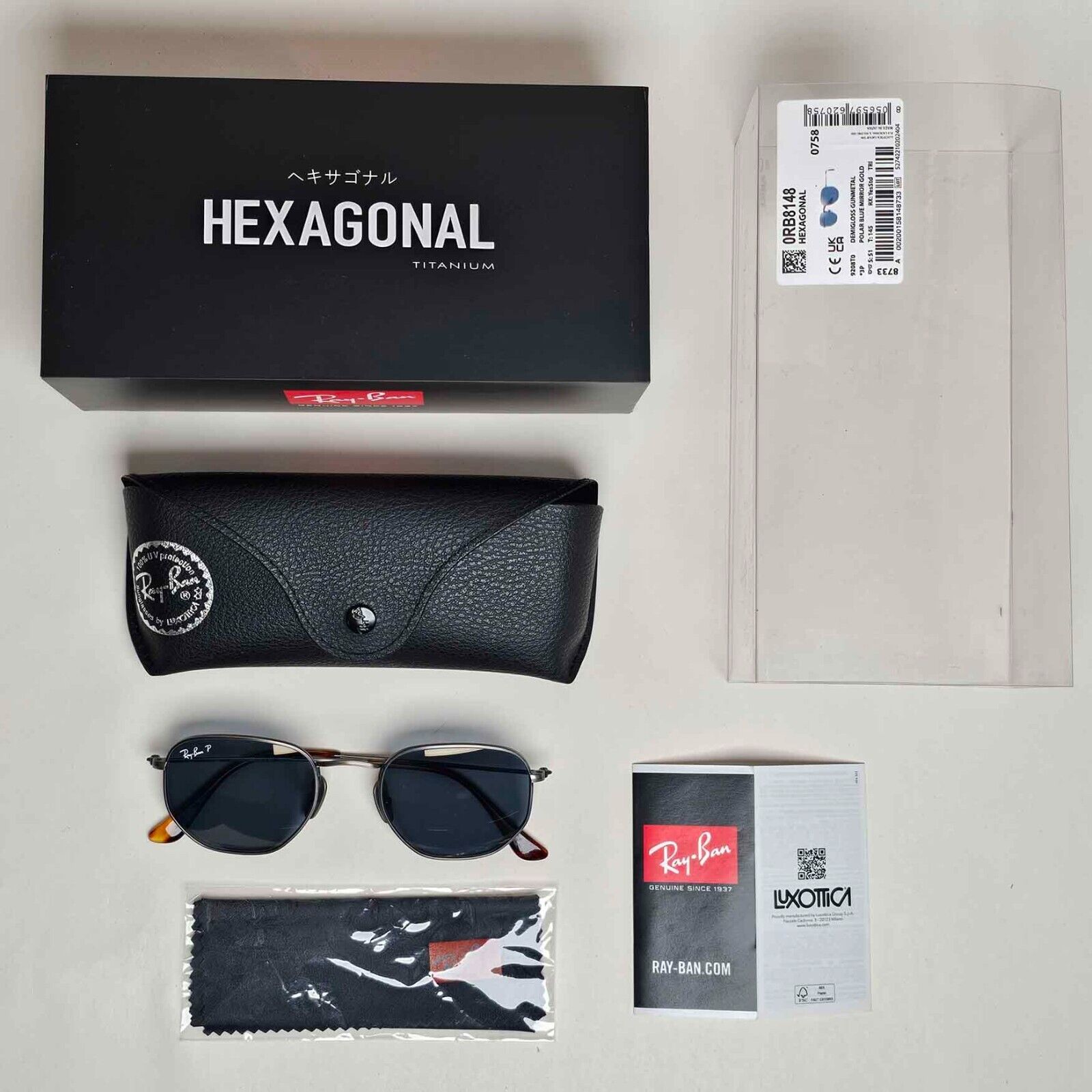 Ray-Ban Sunglasses Hexagonal Titanium Polarised Grey Blue RB 8148 9208/T0 51mm