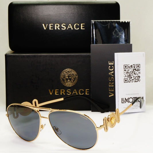 Versace Sunglasses Polarized Gold Pilot Metal Grey Black MOD VE 2249 1002/81