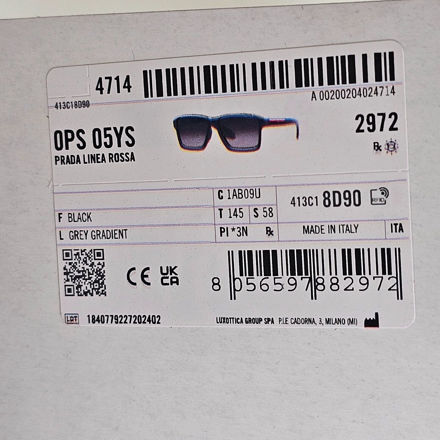 Prada Sunglasses Black Glossy Square Grey Gradient PS05YS SPS 05Y 1AB-09U 58mm