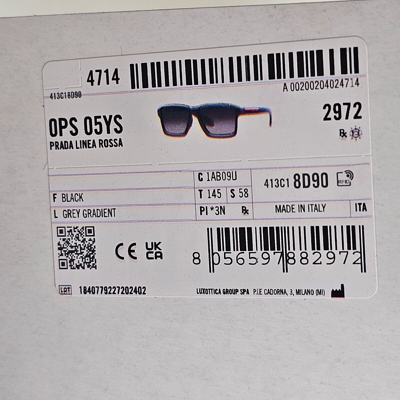 Prada Sunglasses Black Glossy Square Grey Gradient PS05YS SPS 05Y 1AB-09U 58mm