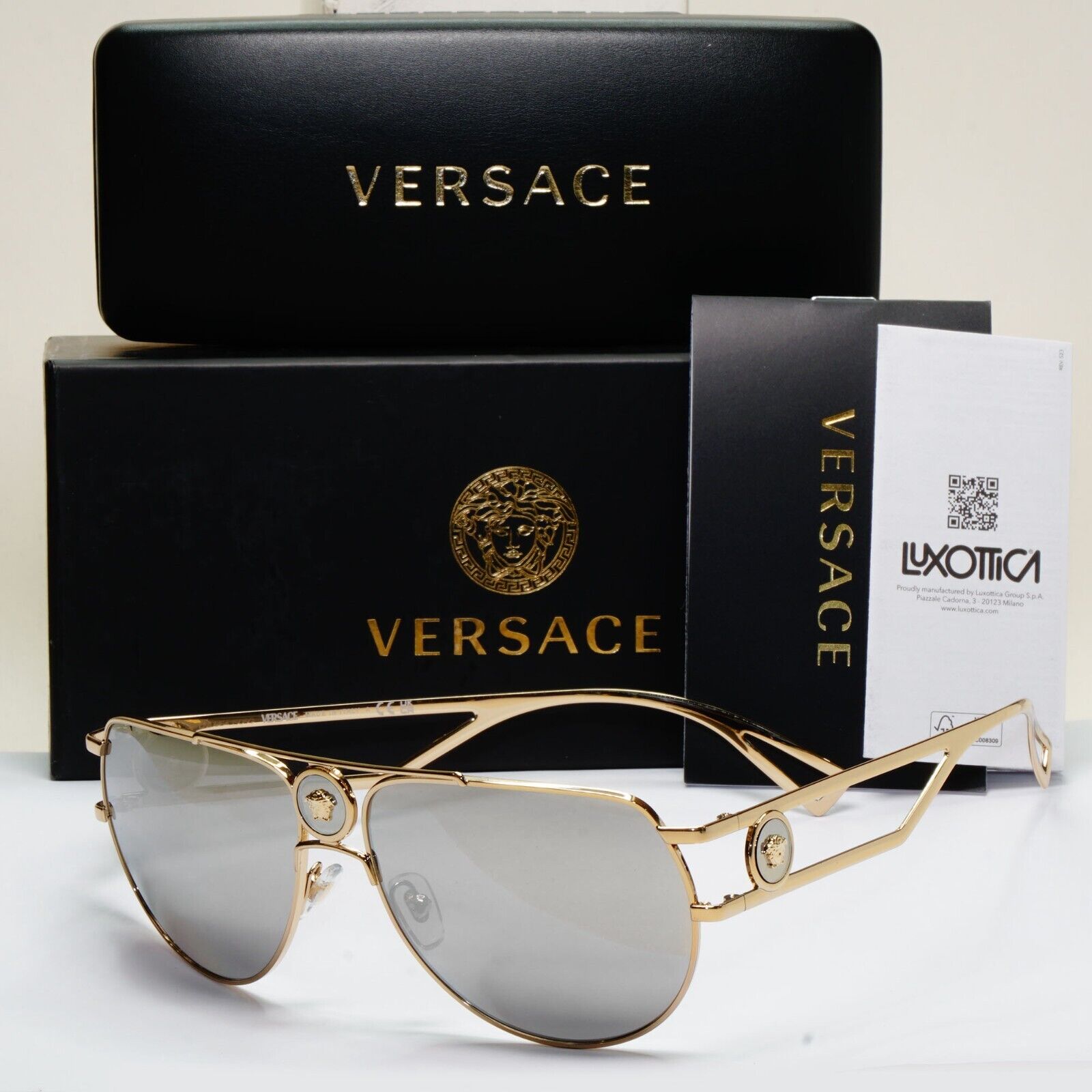 Versace Sunglasses Gold Silver Mirror Pilot Navigator MOD VE2225 1252/6G 60mm